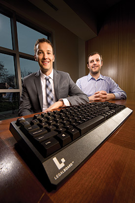 Brian Potts (left) and Chase Means have created the LegalBoard, the world’s first keyboard dedicated to attorneys. (Staff photos by Kevin Harnack)