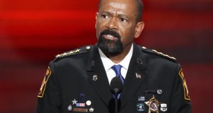 FILE - In this July 18, 2016 file photo, Milwaukee County Sheriff David Clarke speaks during the Republican National Convention in Cleveland. Clarke earned more than $105,000 in speaking fees in 2016 as he became nationally known as one of the most vocal supporters of President Donald Trump. The figure nearly quadrupled the amount he earned in 2015 for speaking engagements. (AP Photo/J. Scott Applewhite, File)