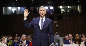 Supreme Court Justice nominee Neil Gorsuch is sworn-in on Capitol Hill in Washington, Monday, March 20, 2017, during his confirmation hearing before the Senate Judiciary Committee. (AP Photo/Pablo Martinez Monsivais)