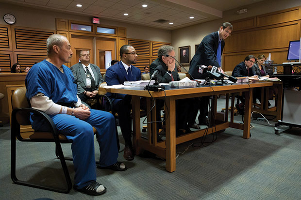 Richard Beranek sits with his attorneys, Jarrett Adams (from left), Keith Findley and Bryce Benjet, in Dane County Circuit Court on Feb. 14. At right is the prosecution team of Assistant Attorney General Robert Kaiser and Assistant Dane County District Attorney Erin Hanson. Beranek, who has been in prison for 27 years, is seeking a new trial after DNA testing excluded him as the source of hair and semen found at the scene of a 1987 sexual assault. (PHOTOS BY COBURN DUKEHART/WISCONSIN CENTER FOR INVESTIGATIVE JOURNALISM)