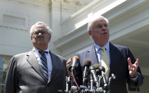 then-Senate Banking Committee Chairman Sen. Christopher Dodd, D-Conn., right, and then- House Financial Services Committee Chairman Rep. Barney Frank, D-Mass., speak to reporters outside the White House in Washington, after their meeting with President Barack Obama. House Republicans headed toward a vote June 8, 2017, on dismantling sweeping financial rules established under Obama that were designed to head off economic meltdowns. Republicans are arguing that the many requirements imposed under what is known as the Dodd-Frank Act have actually harmed economic growth by making it harder for consumers and businesses to get credit.(AP Photo/Susan Walsh, File)