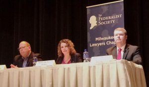 The Madison-based attorney Tim Burns, Milwaukee County Circuit Court Judge Rebecca Dallet and Sauk County Circuit Court Judge Michael Screnock took part in a forum on Monday organized by the Milwaukee Lawyers Chapter of the Federalist Society. All three are candidates for the Wisconsin Supreme Court and will be on the ballot of the primary election held Feb. 20. CREDIT: Staff photo by Erika Strebel 