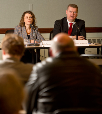 Candidates running for the Supreme Court of Wisconsin, from left, Tim Burns, Perkins Coie, Hon. Rebecca Dallet, Milwaukee County Circuit Court, Hon. Michael Screnock, Sauk County Circuit Court talk about their stance on the issues Monday, Feb. 5 at the offices of the Milwaukee Bar Association. The Milwaukee Bar organized and hosted the event to get to know the three candidates that are vying to replace Justice Gableman who is not seeking reelection. (Staff photo by Kevin Harnack)