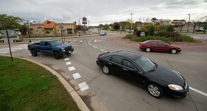This roundabout at the intersection of Jackson Street and Murdock Ave. in Oshkosh is at the center of a decision the Wisconsin Supreme Court handed down on Tuesday. It’s the second time a case involving the roundabout has gone before the high court. (File photo by Kevin Harnack) 