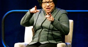 FILE - In this Feb. 7, 2018, file photo, Supreme Court Justice Sonia Sotomayor speaks during an appearance at Brown University in Providence, R.I. The Supreme Court said Sotomayor broke her right shoulder in a fall at her Washington home. The court says she will wear a sling for several weeks and undergo physical therapy. (AP Photo/Stephan Savoia, File)
