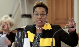 Wisconsin state Sen. Lena Taylor, D-Milwaukee, gestures while speaking at the State Capitol in Madison in 2015. Taylor said on Monday that she used "controversial" language during an argument with a Milwaukee bank teller on April 6 but thought she could speak that way because both of them are black and conversations in black culture are different than in other settings. (Michael P. King/Wisconsin State Journal via AP, File)