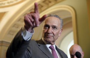 Senate Minority Leader Chuck Schumer of N.Y., points to a question during a media availability after a policy luncheon on Capitol Hill on Tuesday.. (AP Photo/Alex Brandon)