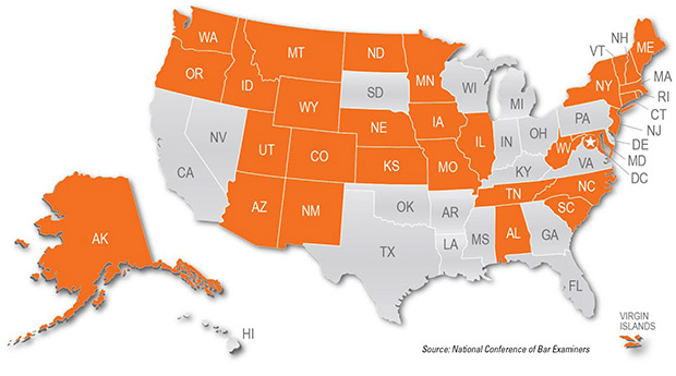 One America, one bar exam? In June, Illinois joined 29 other states in adopting the Uniform Bar Exam. Illinois will start administering the exam in 2019. Each jurisdiction grades its own bar exam and determines the minimum score applicants must have in order to be admitted to practice law in that state. Wisconsin has not adopted the UBE. (Source: National Conference of Bar Examiners)