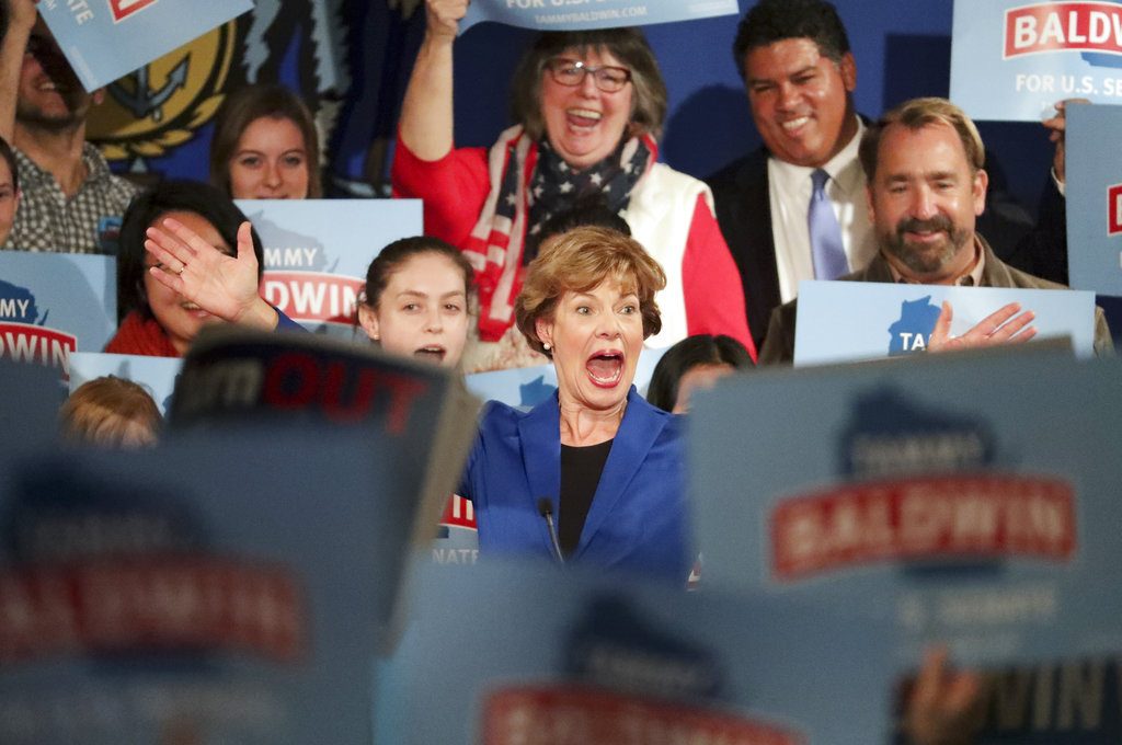 Wisconsin Senator Tammy Baldwin celebrates her win with election night party Tuesday, Nov. 6, 2018, at the Monona Terrace in Madison, Wis. (Steve Apps/Wisconsin State Journal via AP)