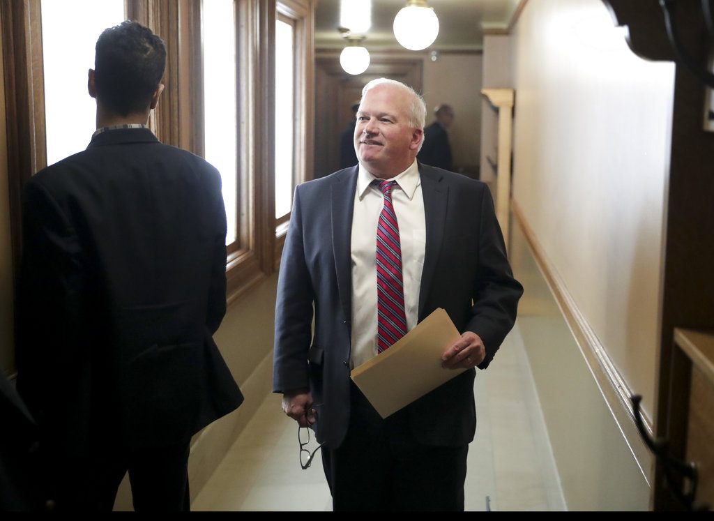 Senator Majority Leader Scott Fitzgerald walks over to talk to the press after a meeting of the Senate Republican caucus in the State Capitol Thursday Nov. 8, 2018 in Madison, Wis. (Steve Apps/Wisconsin State Journal via AP)