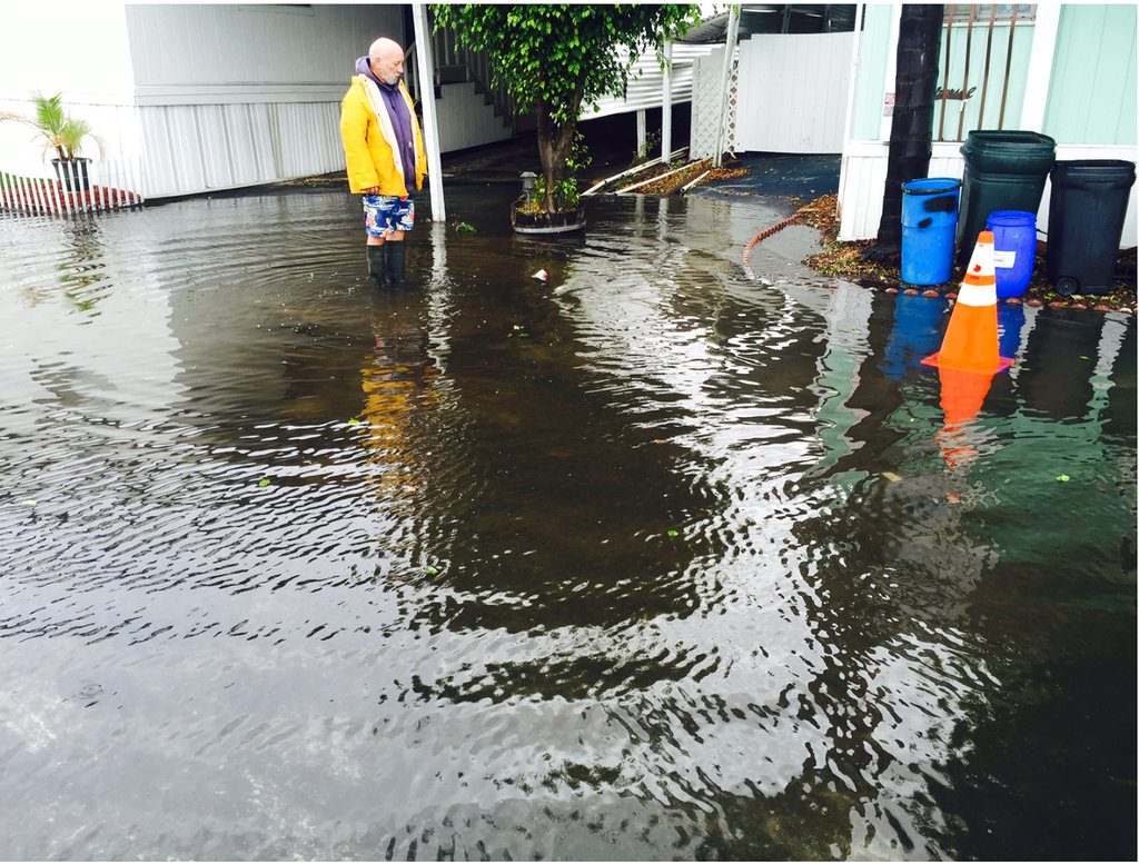 This July 28, 2017 photo provided by Kabateck LLP shows ponding water after a rainstorm at the Friendly Village Mobile Home Park in Long Beach, Calif. A jury has awarded more than $5.5 million to 31 residents of the Southern California mobile home park rife with problems including sinkholes, sewage backups and rats. Lawyers for the plaintiffs said Monday, Nov. 18, 2018, that jurors also found the owners of Friendly Village liable for elder abuse. (Kabateck LLP via AP)