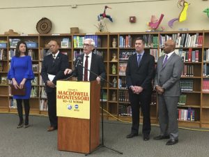 Gov.-elect Tony Evers announces some of his cabinet appointments on Wednesday at MacDowell Montessori School in Milwaukee. Standing from left to right, the appointees are: Sara Meaney, named secretary of the state department of yourism; Kevin A. Carr, named secretary of the department of corrections; Evers; Joel Brennan, named secretary of the department of administration; and Preston Cole, named secretary of the department of natural resources. (Michael Sears/Milwaukee Journal-Sentinel via AP)
