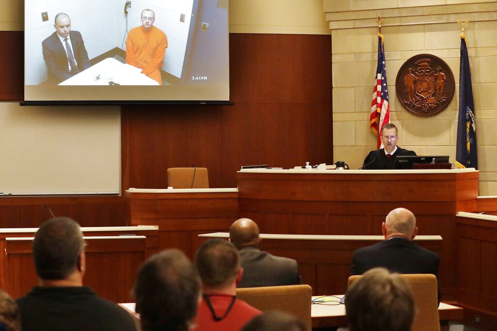 Jake Thomas Patterson makes his first appearance on video before Judge James Babler at the Barron County Justice Center in Barron, Wis., Monday, Jan. 14, 2019. Patterson, a Wisconsin man accused of abducting 13-year-old Jayme Closs and holding her captive for three months, made up his mind to take her when he spotted the teenager getting on a school bus, authorities said Monday. (Adam Wesley/The Post-Crescent via AP, Pool)