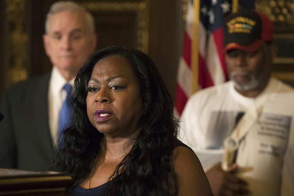 FILE-- In this July 2017 file photo, Valerie Castile, mother of Philando Castile, speaks during a news conference one year after her son was fatally shot by St. Anthony police Officer Jeronimo Yanez during a routine traffic stop, in St. Paul, Minn. Castile and prosecutor John Choi have teamed up with others to develop a tool kit for law enforcement to use in times of crisis, including police shootings. The St. Paul Pioneer Press reported the kit gives prosecutors and police ways to assess how prepared they are for police shootings, and see how they can be handled better. Among other things, the kit says a prosecutor should be immediately assigned to a police shooting and family members should be contacted within 24 hours. (Jerry Holt/Star Tribune via AP, File)