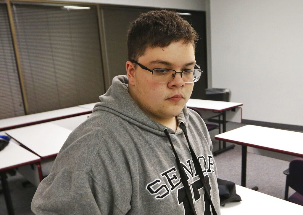 FILE - In this Monday, March 6, 2017, file photo, Gloucester County High School senior Gavin Grimm, a transgender student, arrives for a news conference in Richmond, Va. Grimm, a young man who’s become a national face for transgender student rights, will return to a Virginia courtroom Tuesday, July 23, 2019 to continue fighting against his former high school’s transgender bathroom policy. (AP Photo/Steve Helber, File)