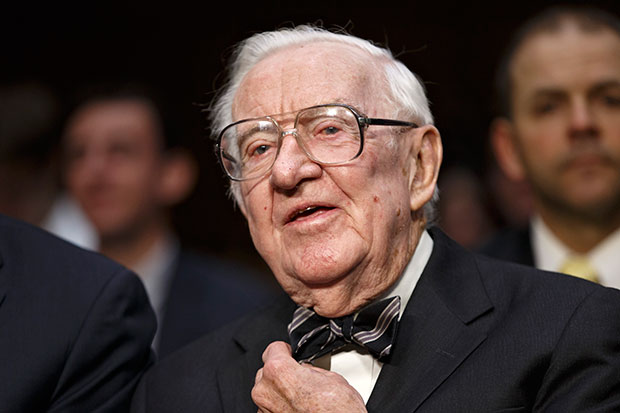 In this April 30, 2014 file photo, retired Supreme Court Justice John Paul Stevens prepares to testify on the ever-increasing amount of money spent on elections as he appears before the Senate Rules Committee on Capitol Hill in Washington. Stevens, the bow-tied, independent-thinking, Republican-nominated justice who unexpectedly emerged as the Supreme Court's leading liberal, died Tuesday, July 16, 2019, in Fort Lauderdale, Fla., after suffering a stroke Monday. He was 99. (AP Photo, File)