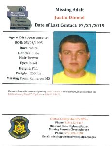 FILE - This document provided by the Clinton County Missouri Sheriff's Department shows a missing poster for Justin Diemel. Justin and his brother Nicholas Diemel, who owned Diemel's Livestock in Bonduel, Wis., have been missing since July 21, 2019, when they were in northwest Missouri to check cattle for their business. Lisa Diemel, the wife of Justin's brother Nicholas Diemel, is asking a judge to oversee the men's business. (Clinton County Missouri Sheriff's Department via AP, File)