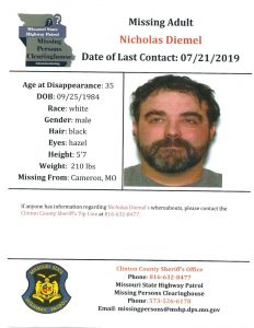 FILE - In this document provided by the Clinton County Missouri Sheriff's Department shows a missing poster for Nicholas Diemel. Nicholas and his brother Justin Diemel, who owned Diemel's Livestock in Bonduel, Wis., have been missing since July 21, 2019, when they were in northwest Missouri to check cattle for their business. His wife Lisa Diemel is asking a judge to oversee the men's business. (Clinton County Missouri Sheriff's Department via AP, File)