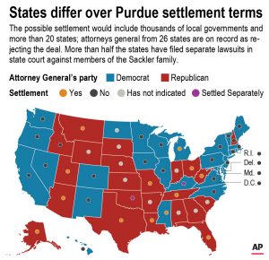 Map shows state party and decision over Purdue settlement terms; 2c x 3 inches; 96.3 mm x 76 mm;