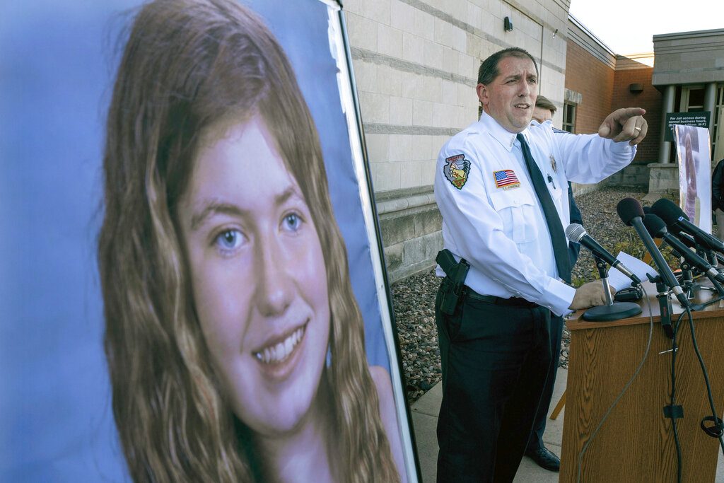 FILE - In this Oct. 17, 2018, file photo, Barron County Sheriff Chris Fitzgerald speaks during a news conference about 13-year-old Jayme Closs who had been missing since her parents were found dead in their home in Barron, Wis. Fitzgerald, who led the investigation into the kidnapping of Closs and the slaying of her parents hopes the courage and resilience of the 13-year-old girl is the focus on the one-year anniversary of the crimes. (Jerry Holt/Star Tribune via AP, File)