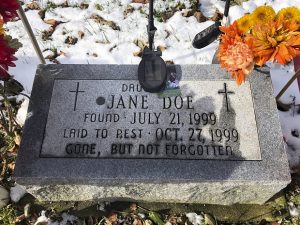 The grave of the Jane Doe who has been identified as Peggy Lynn Johnson lies in Caledonia. Racine County Sheriff Christopher Schmaling says Linda La Roche, of McHenry, Illinois, has been charged with first-degree intentional homicide and hiding a corpse in the killing of Johnson. (AP Photo/Carrie Antlfinger)