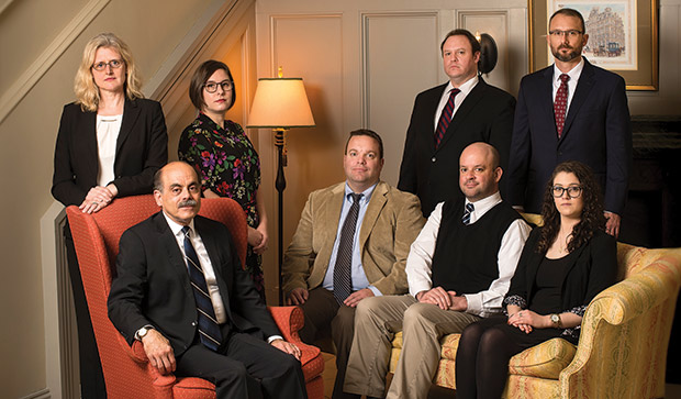 Members of the Kohner, Mann & Kailas legal team include (standing from left) Melinda Bialzik, Ellen Leopold, Ryan Billings and Lance Duroni, and (seated from left) Bob Gegios, Christopher Borman, Paul Daly and Abbey Bowen. The firm is entering its 13th year of litigation in a natural-gas antitrust lawsuit that was recently sent back to Wisconsin for trial.