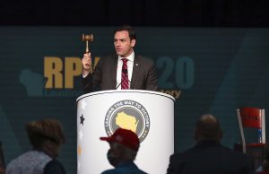 U.S. Rep. Mike Gallagher speaks to the crowd during the annual Republican Party of Wisconsin State Convention on July 11 at hte KI Convention Center in Green Bay. (Ebony Cox/The Post-Crescent via AP)