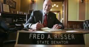 - FILE - In this Jan. 3, 2007 file photo, Wisconsin state Sen. Fred Risser is shown in in Madison, Wis. A seven-way Democratic 2020 primary in Madison to replace state Sen. Fred Risser, who has held the seat since 1962. The primary survivor will win the seat; no Republicans have registered to run. (AP Photo/Andy Manis, File)
