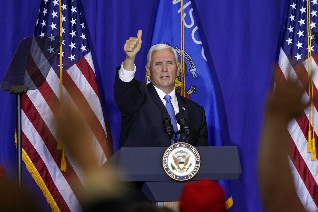 Vice President Mike Pence speaks at a campiagn stop Monday, Sept. 14, 2020, in Janesville, Wis. (AP Photo/Morry Gash)
