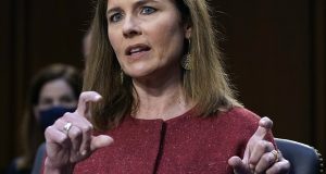 The Supreme Court nominee Amy Coney Barrett speaks during the second day of her confirmation hearing before the Senate Judiciary Committee on Capitol Hill in Washington, on Tuesday. (Drew Angerer/Pool via AP)