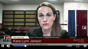 Assistant Attorney General Kara Lynn Janson appears before the Wisconsin Supreme Court during virtual oral arguments in State v. Beyer on Monday.