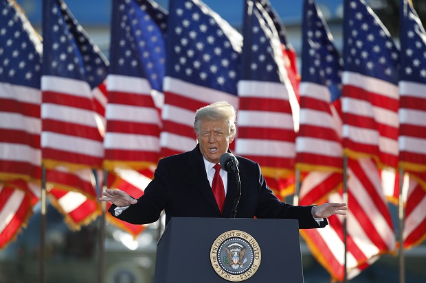 President Donald Trump speaks to crowd before boarding Air Force One at Andrews Air Force Base, Maryland, in this January 20. Former President Donald Trump will find out this week whether he gets to return to Facebook. (AP Photo/Luis M. Alvarez, File)