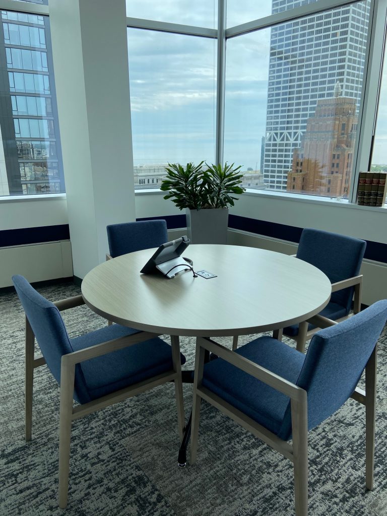 A meeting space in the new Wilson Elser Milwaukee office features natural light and views of Lake Michigan. Photo by Wilson Elser photo.