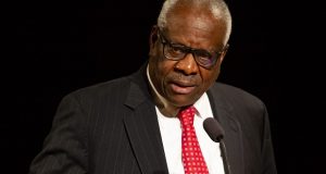 Supreme Court Justice Clarence Thomas speaks on Thursday, at the University of Notre Dame in South Bend, Indiana. The associate justice gave the Tocqueville Lecture for the Center for Citizenship & Constitutional Government at the university. (Robert Franklin/South Bend Tribune via AP)