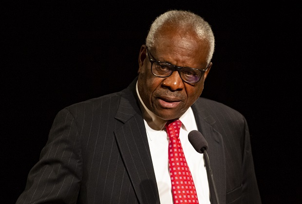 Supreme Court Justice Clarence Thomas speaks on Thursday, at the University of Notre Dame in South Bend, Indiana. The associate justice gave the Tocqueville Lecture for the Center for Citizenship & Constitutional Government at the university. (Robert Franklin/South Bend Tribune via AP)
