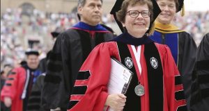 Chancellor Rebecca Blank, center, walks in May 2015 in a procession at the start of the University of Wisconsin-Madison spring commencement ceremony in Madison,. Blank, chancellor of University of Wisconsin-Madison, Wisconsin's flagship campus, has been named the next president of Northwestern University. She will become Northwestern's 17th president, effective in the summer of 2022. (Amber Arnold/Wisconsin State Journal via AP, File)
