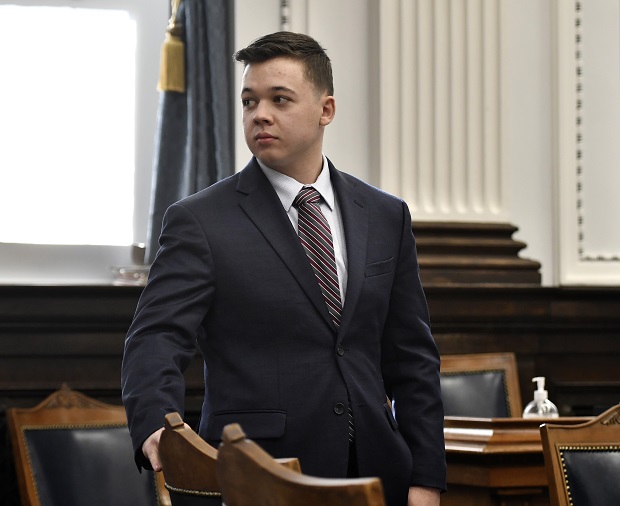 Kyle Rittenhouse looks back to the gallery during a break in testimony from Gage Groskreutz during his trial at the Kenosha County Courthouse in Kenosha on Monday. (Sean Krajacic/The Kenosha News via AP, Pool)