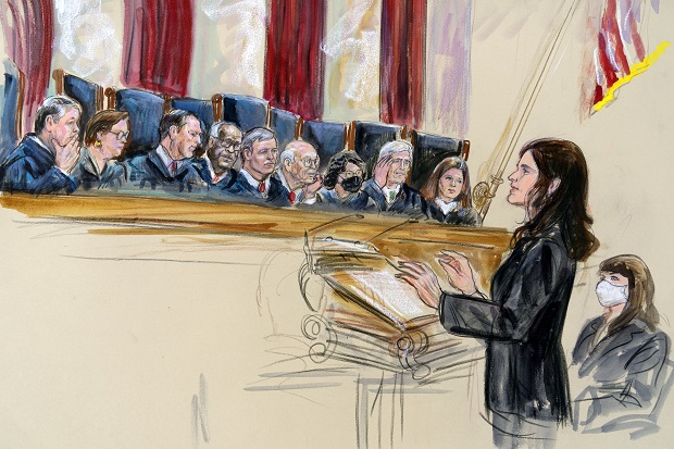 This artist sketch depicts the Center for Reproductive Rights Litigation Director Julie Rikelman speaking to the Supreme Court, on Wednesday in Washington. (Dana Verkouteren via AP)