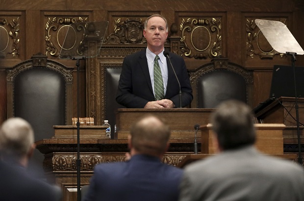 Members of the Assembly applaud Wisconsin Assembly Speaker Robin Vos, R-Rochester, as he speaks at the Wisconsin State Capitol in Madison on Jan. 12, 2021. Vos told The Associated Press in an interview on Friday there is "zero chance" the GOP-controlled Legislature will take over awarding the state's 10 presidential elector votes in 2024, even as Democrats worry that is their goal. (Amber Arnold/Wisconsin State Journal via AP, File)