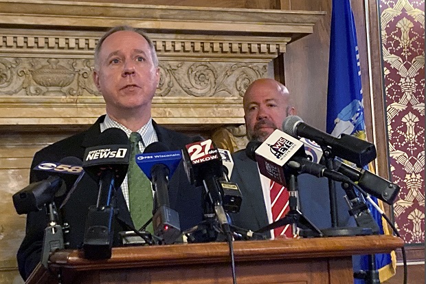 Wisconsin Assembly Speaker Robin Vos speaks at the Capitol in Madison, on July 27, 2021. Vos is trying to block a liberal watchdog group's attempts to have him identify records that were illegally destroyed related to the ongoing investigation into the 2020 presidential election.  (AP Photo/Scott Bauer, File)