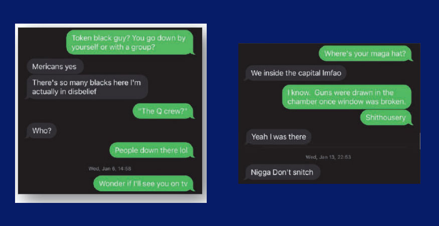 Text messages from the Chicago Police officer are in black and white. Source FBI / court documents